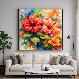 Farbige Florale Wasserfarben-Hibiskus-Kunst Poster