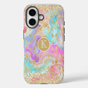 Farbige Flüssig-Marmor-Gold-Blumen-Monogramm iPhone 16 Hülle