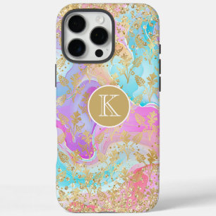Farbige Flüssig-Marmor-Gold-Blumen-Monogramm iPhone 16 Pro Max Hülle