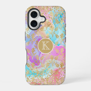 Farbige Flüssig-Marmor-Gold-Blumen-Monogramm iPhone 16 Hülle