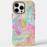 Farbige Flüssig-Marmor-Gold-Blumen-Monogramm