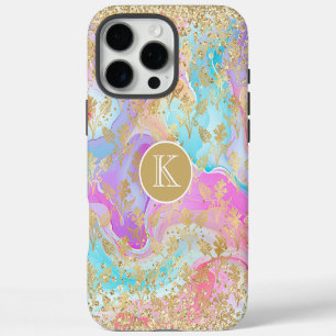 Farbige Flüssig-Marmor-Gold-Blumen-Monogramm iPhone 16 Pro Max Hülle