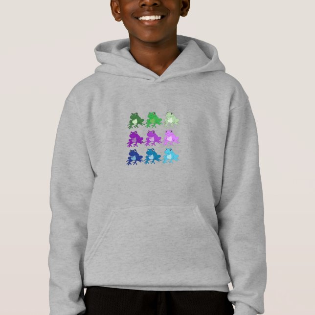 Farbige Frösche auf Kids Graue Pullover Hoodie (Vorderseite)