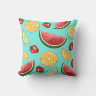 Farbige Früchte Erdbeere Wassermelone Zitrus Blau Kissen