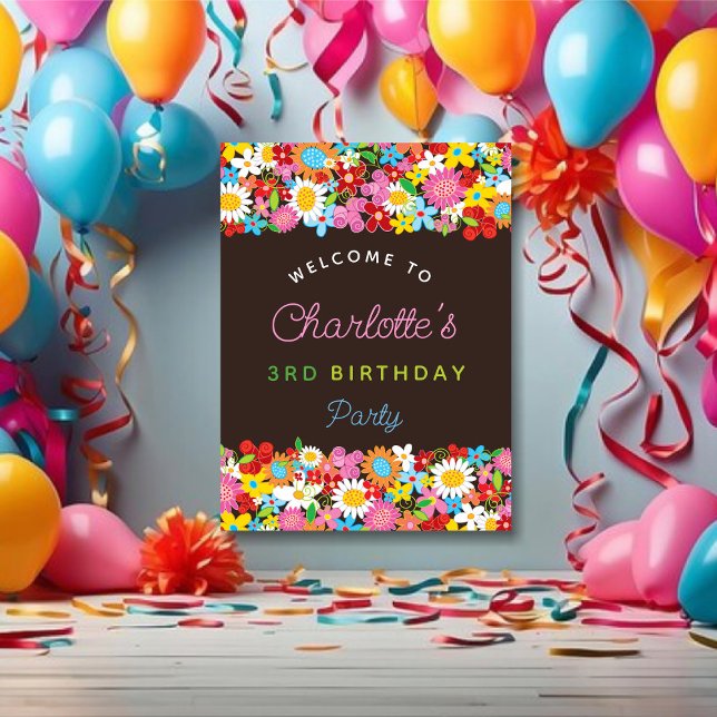 Farbige Frühlingsblumen-Garten-Geburtstags-Willkom Poster (Colorful Whimsical Spring Flowers Garden Girl's Birthday Party Welcome Poster @ fat_fa_tin)