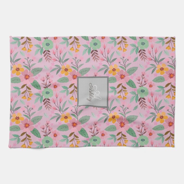 Farbige Frühlingsblumen Muster Name Monogram Geschirrtuch (Horizontal)