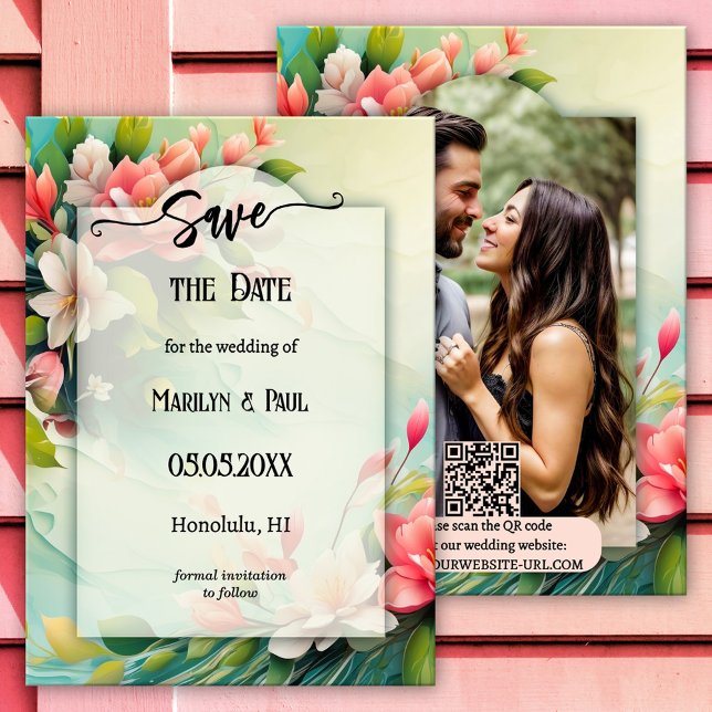 Farbige Frühlingsblumen Retro-Foto Save the Date (Wedding Save the Date card featuring a colorful retro floral design with your custom photo + QR code)