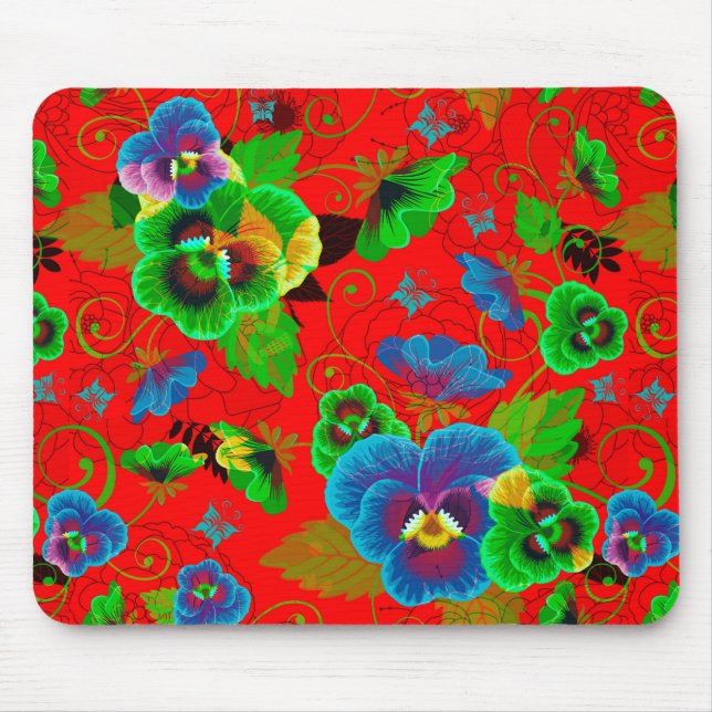 Farbige Frühlingsblumen, roter Hintergrund Mousepad (Vorne)