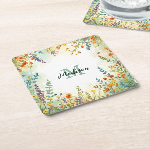 Farbige Frühlingsblumen-Wildblumenstrauß-Monogramm Rechteckiger Pappuntersetzer