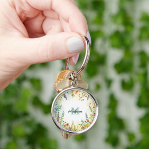 Farbige Frühlingsblumen-Wildblumenstrauß-Monogramm Schlüsselanhänger