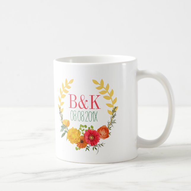 Farbige Frühlingsblumenkranke Save the Date Kaffeetasse (Rechts)
