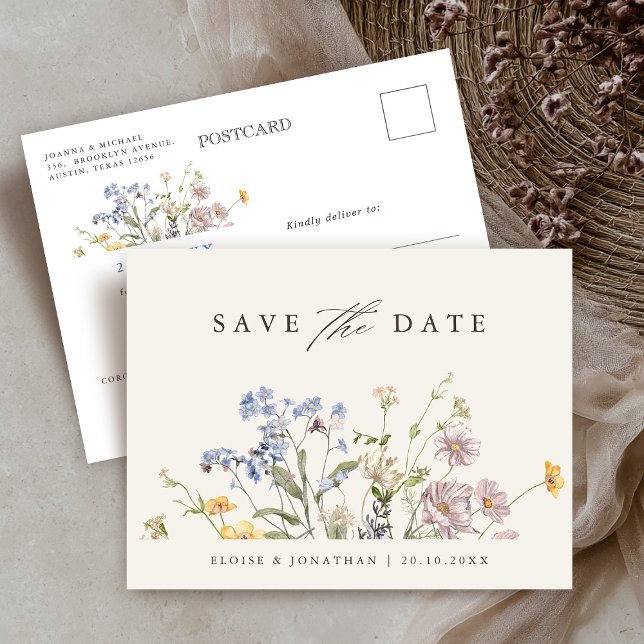 Farbige Frühlingsblüte Save the Date Wiese Postkarte (Colorful Spring Wildflower Meadow Save the Date Postcard)