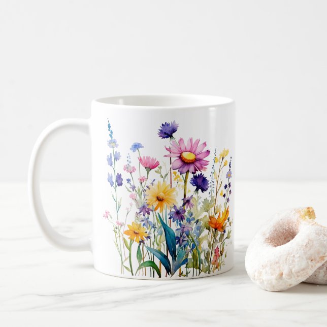 Farbige Frühlingsmuster Blume Wasserfarben Kaffeetasse (Mit Donut)