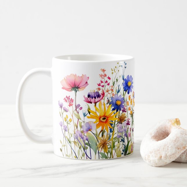 Farbige Frühlingsmuster Blume Wasserfarben Kaffeetasse (Mit Donut)
