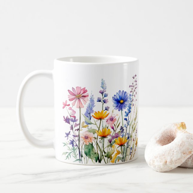 Farbige Frühlingsmuster Blume Wasserfarben Kaffeetasse (Mit Donut)