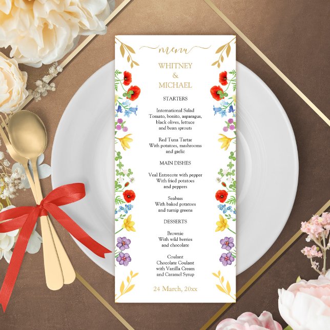 Farbige Frühlingssonne Wildblume Weiße Blumenhochz Menükarte (Colorful Spring Wildflower White Floral Wedding Menu)