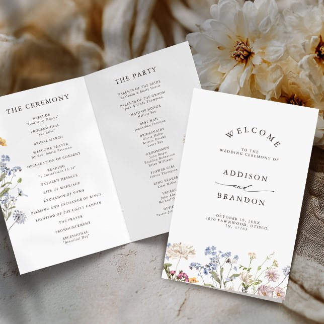 Farbige Frühlingswiesen-Hochzeitsprogramm mit Wild (Colorful Spring Wildflower Meadow folded  Wedding Program )