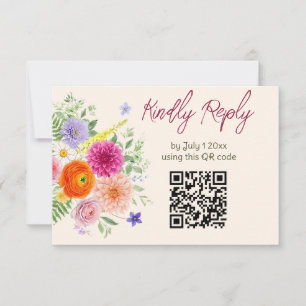 Farbige Gartenblumen Hochzeitswebsite QR Code RSVP Karte
