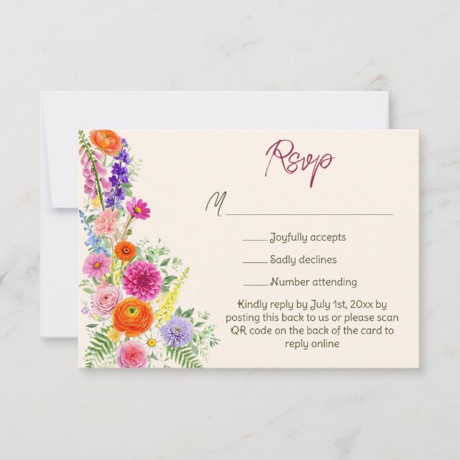 Farbige Gartenblumen Hochzeitswebsite QR Code  RSVP Karte (Vorderseite)