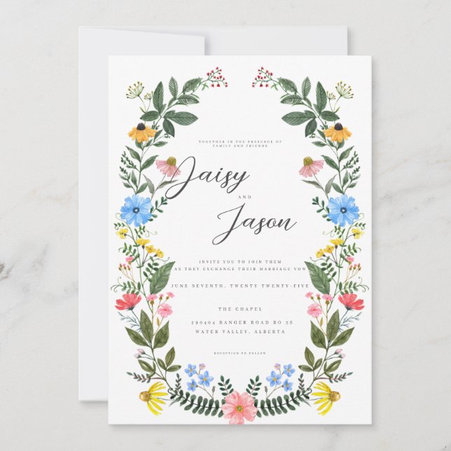 Farbige Gartenbogen-Hochzeit mit Wildblumen Einladung (Vorderseite)