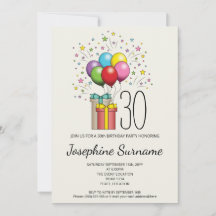 Farbige Geburtstagsballons und Geschenke mit Alter