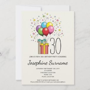 Farbige Geburtstagsballons und Geschenke mit Alter Einladung