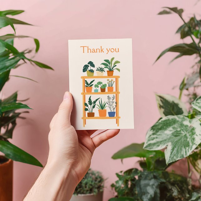 Farbige gegossene Hauspflanzen auf einem Rack Dankeskarte (House plant stand, bright and happy illustration, fun thank you card)
