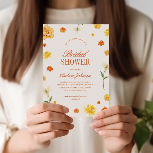 Farbige gelbe orangefarbene Blumen Hochzeitsdusche Einladung (Von Creator hochgeladen)
