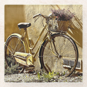 Farbige gelbe Vintage-Fahrrad       Glasuntersetzer