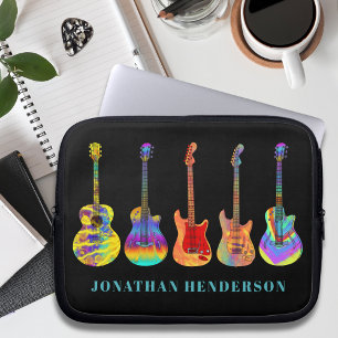 Farbige Gitarren-Muster auf Schwarz mit Namen Laptopschutzhülle