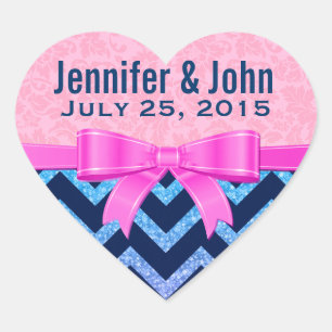 Farbige Glitter Blau Chevron Rosa Damastmuster Herz-Aufkleber