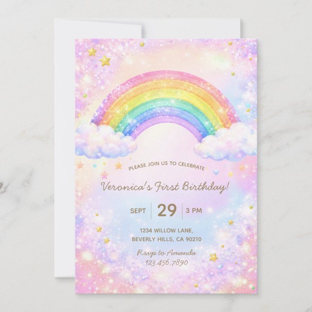 Farbige Glitter-Regenbogen-Mädchen-Geburtstagsfeie Einladung (Vorderseite)