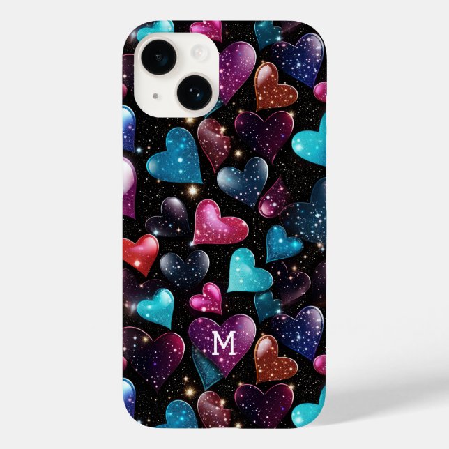Farbige Glittery Hearts Muster Monogram Case-Mate iPhone Hülle (Rückseite)