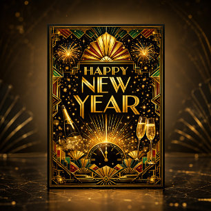 Farbige Gold Art Deco Frohes Neues Jahr Feiertagskarte