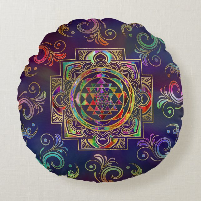 Farbige Gold gerahmt Sri Yantra Sri Chakra Rundes Kissen (Vorderseite)