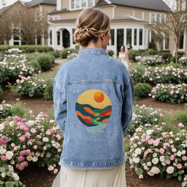 Farbige Goldene Sonnenuntergangs-Tal Jeansjacke (Hochzeit Rückseite)