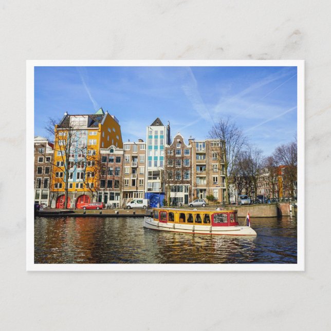 Farbige Grachtenhäuser und Boot in Amsterdam Postkarte (Vorderseite)
