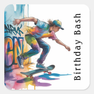 Farbige Graffiti-Jungen-Geburtstagsfeier Quadratischer Aufkleber