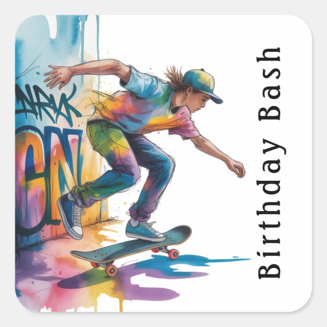 Farbige Graffiti-Jungen-Geburtstagsfeier Quadratischer Aufkleber (Vorderseite)