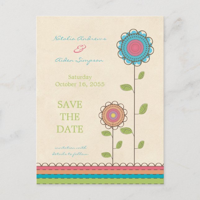 Farbige große Blume Save the Date Postkarte (Vorderseite)