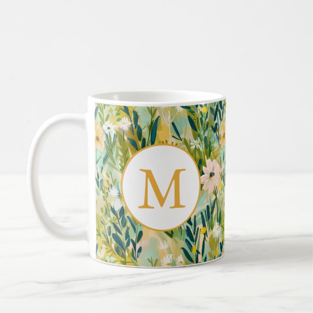 Farbige grüne Blumen-Wasserfarbenmuster-Monogramm Kaffeetasse (Links)