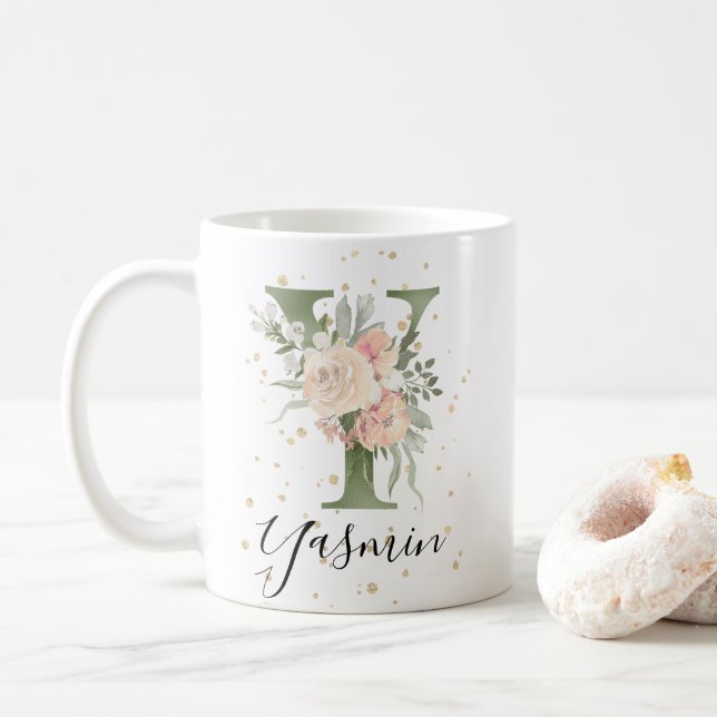Farbige grüne Monogramm Letter Y Blush Creme Flora Kaffeetasse (Mit Donut)