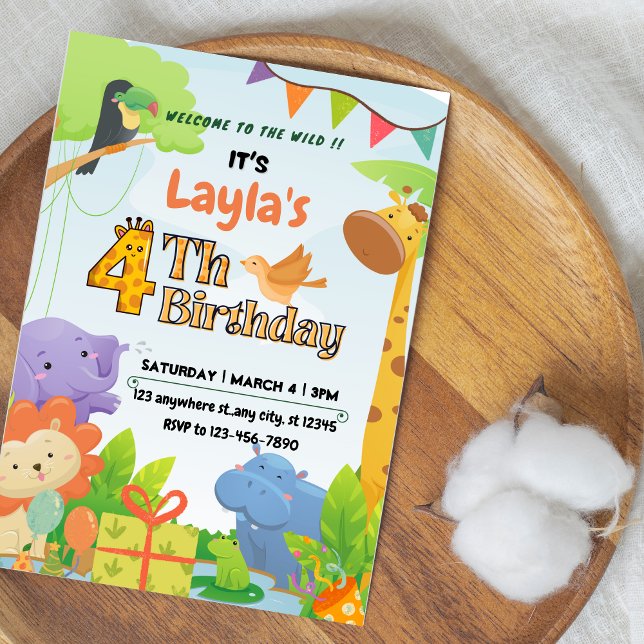 Farbige grüne und gelbe Niedliche Safari Thema Einladung (Cute Safari Themed 4th Birthday Invitation for Kids)