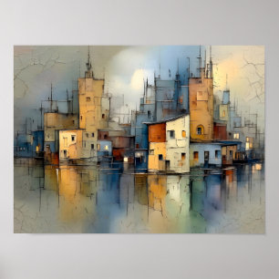 Farbige Hafenstadt-Reflexionsmalerei Poster