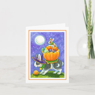 FARBIGE HALLOWEEN-HASEN ÜBEREINANDER, ZUCKERHÜTCHE FEIERTAGSKARTE