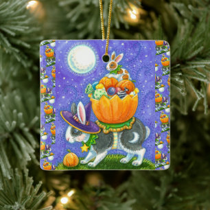 FARBIGE HALLOWEEN-KANINCHEN ÜBEREINANDER, ZUCKERHI KERAMIKORNAMENT