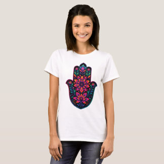 Farbige Hamsa-Hand mit floralem Mandala – Boho-Sti T-Shirt