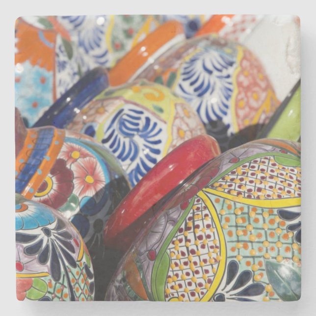 Farbige handbemalte mexikanische Töpferei Steinuntersetzer (Vorderseite)