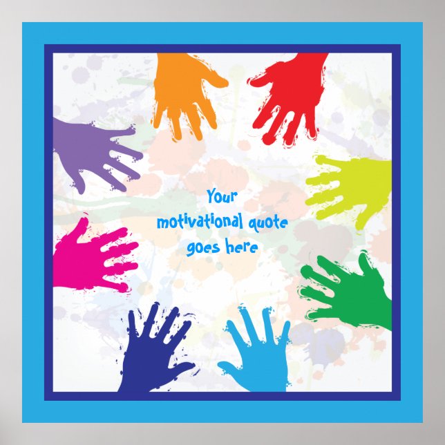 Farbige Handdrucke von Kindern mit blauen Rändern Poster (Vorne)