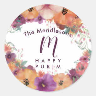 Farbige Happy Purim Blumenaufkleber Runder Aufkleber
